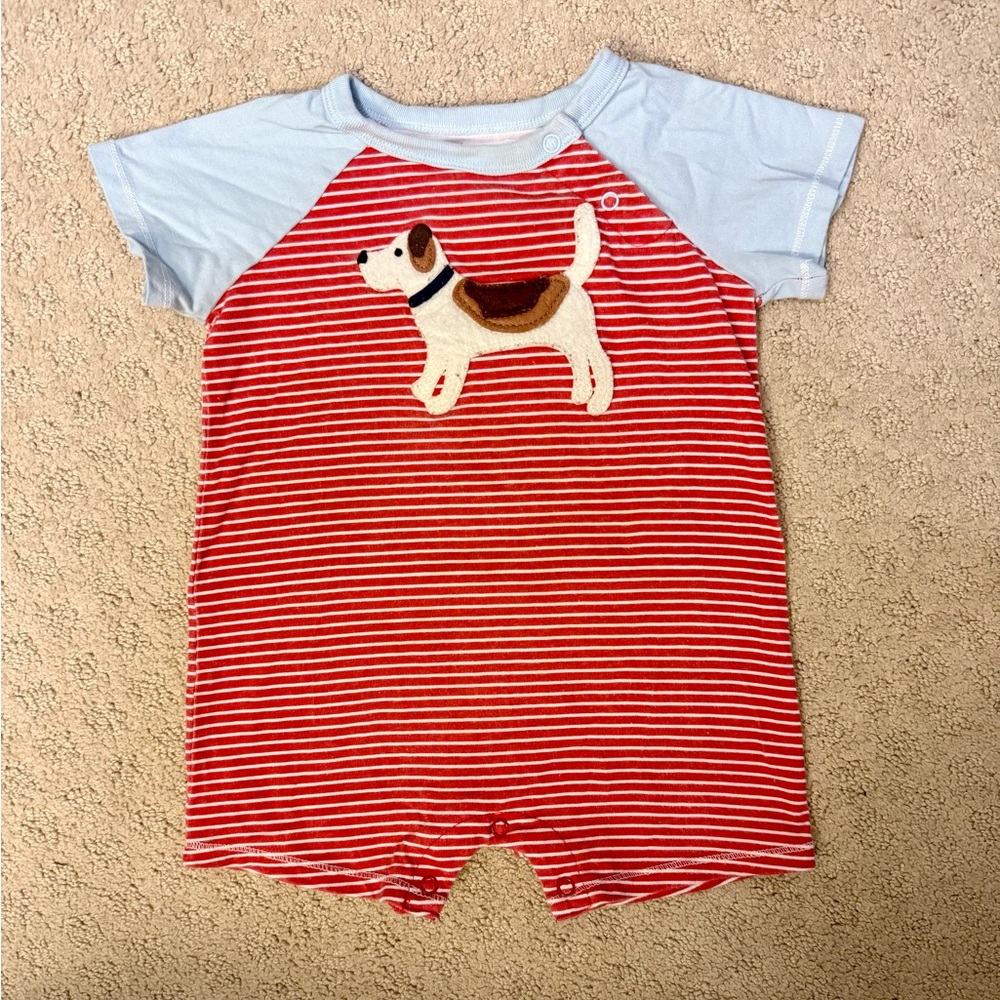 Mud Pie Red and White Striped Dog Appliqué Shorts Romper 12-18M